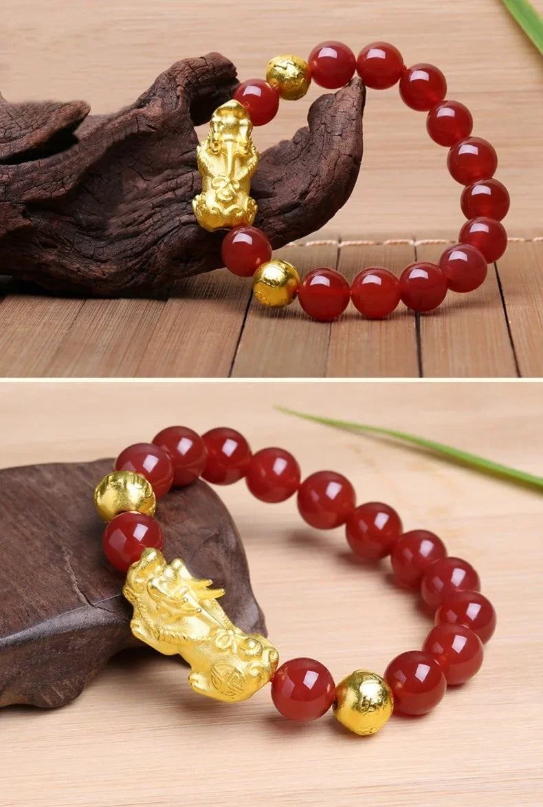 Feng Shui Obsidian Stone Beads Bracelet Men Women Wristband Gold Color Black Pixiu Wealth Lucky Changing Health Wrist Bangles