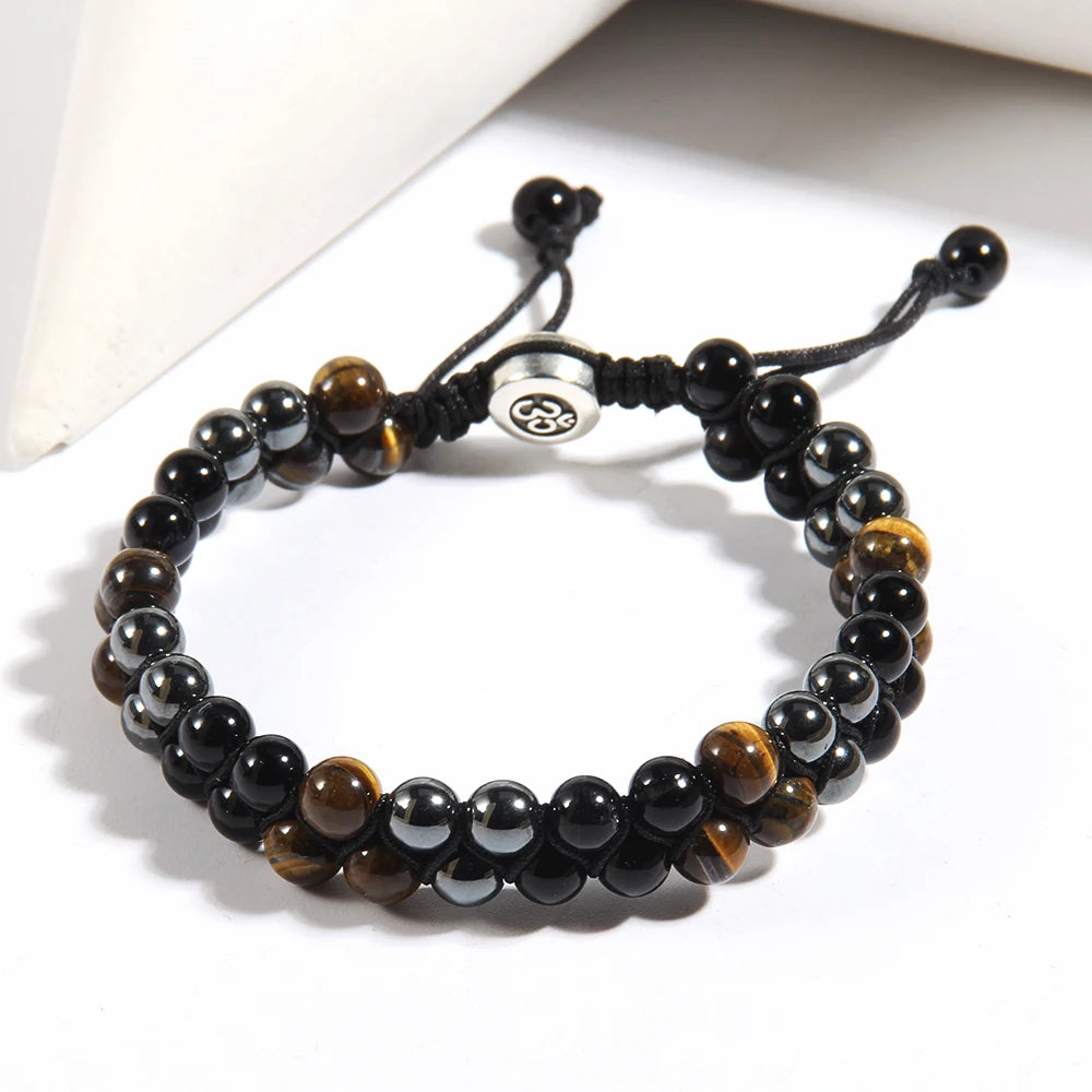 RH Dropship Vintage Men Gift Handmade Mixed 2 Row Black Stones Tiger Eye Agate Health Magnetic Therapy OM Button Wrap Bracelets