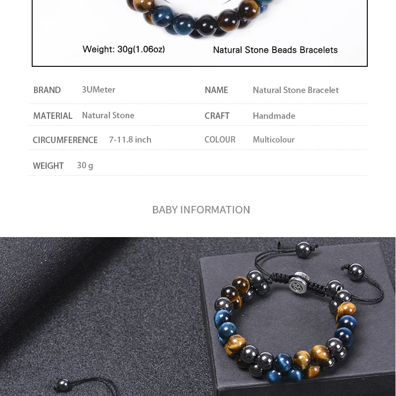 Trendy Braided Natural Stone Beads Bracelet Handmade Black Agate Tiger Eyes Bracelets Double Row Charm Yoga Jewelry Men Bangle