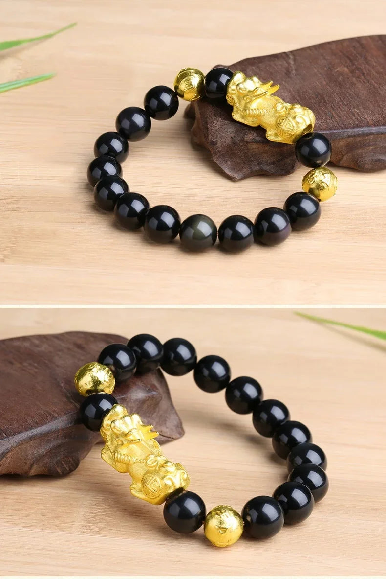 Feng Shui Obsidian Stone Beads Bracelet Men Women Wristband Gold Color Black Pixiu Wealth Lucky Changing Health Wrist Bangles