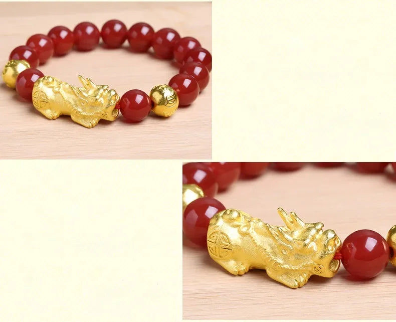Feng Shui Obsidian Stone Beads Bracelet Men Women Wristband Gold Color Black Pixiu Wealth Lucky Changing Health Wrist Bangles