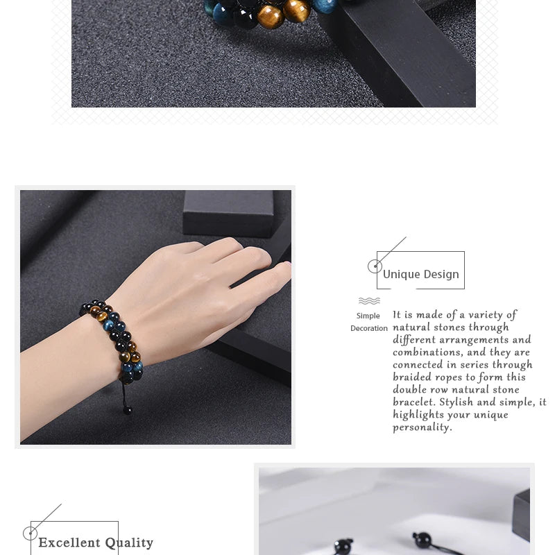 Trendy Braided Natural Stone Beads Bracelet Handmade Black Agate Tiger Eyes Bracelets Double Row Charm Yoga Jewelry Men Bangle