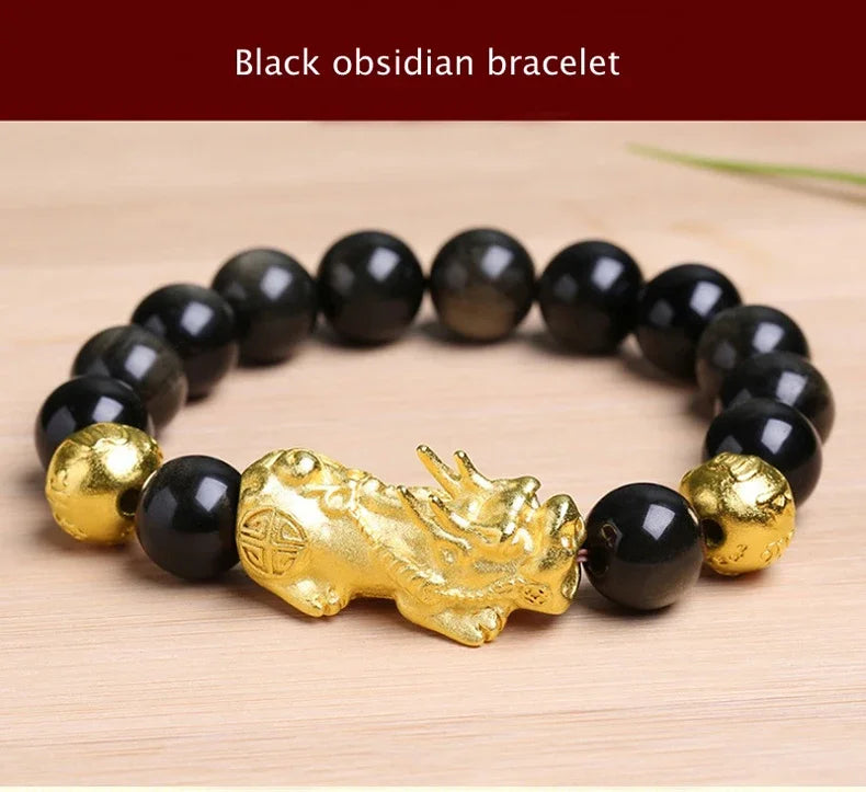Feng Shui Obsidian Stone Beads Bracelet Men Women Wristband Gold Color Black Pixiu Wealth Lucky Changing Health Wrist Bangles