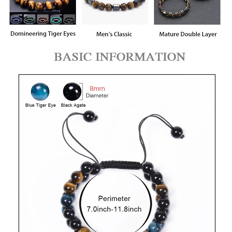 Trendy Braided Natural Stone Beads Bracelet Handmade Black Agate Tiger Eyes Bracelets Double Row Charm Yoga Jewelry Men Bangle