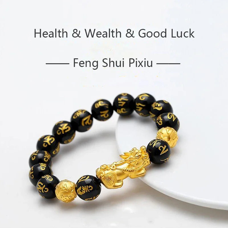 Feng Shui Obsidian Stone Beads Bracelet Men Women Wristband Gold Color Black Pixiu Wealth Lucky Changing Health Wrist Bangles