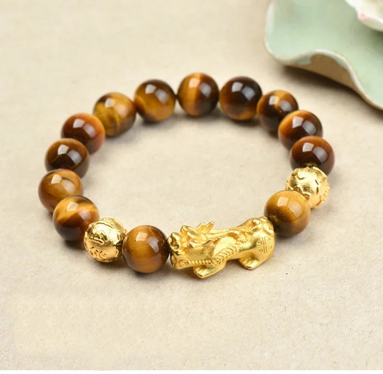Feng Shui Obsidian Stone Beads Bracelet Men Women Wristband Gold Color Black Pixiu Wealth Lucky Changing Health Wrist Bangles
