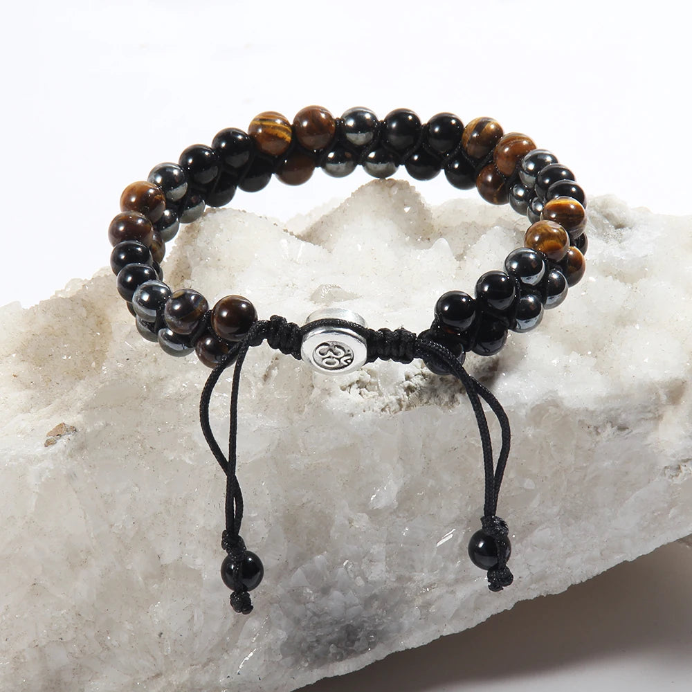 RH Dropship Vintage Men Gift Handmade Mixed 2 Row Black Stones Tiger Eye Agate Health Magnetic Therapy OM Button Wrap Bracelets
