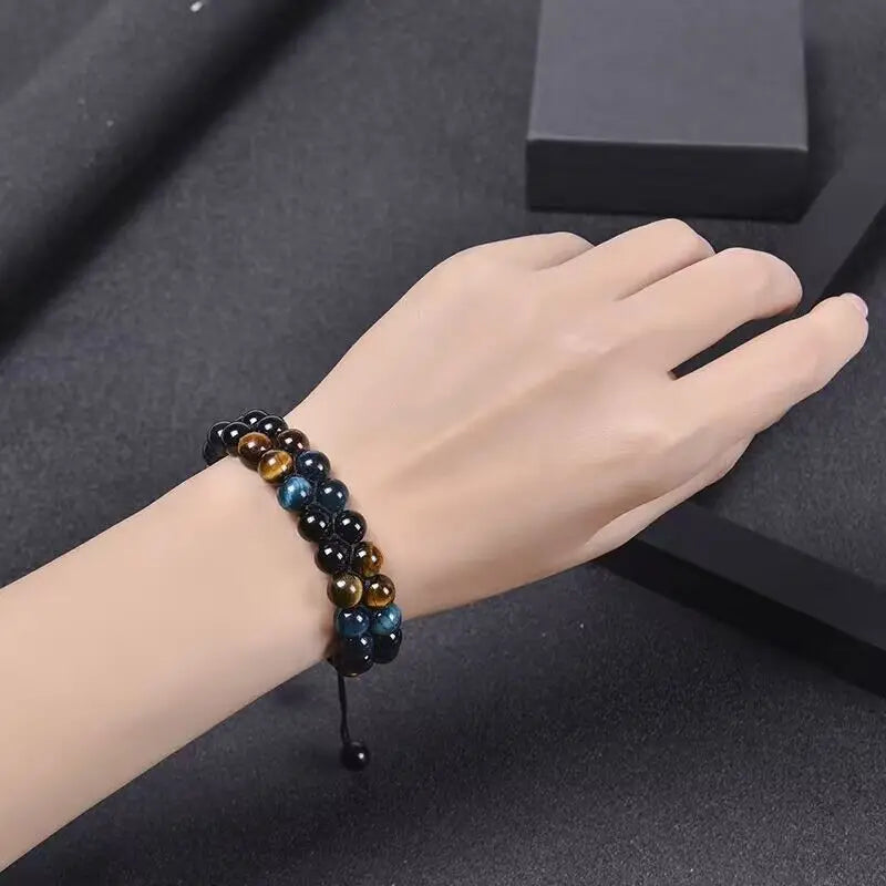 Triple Protection Bracelet 8mm Natural Stone Beads Obsidian Tiger Eye Hematite Double Layer Hand Healing Crystal Stretch Bracele