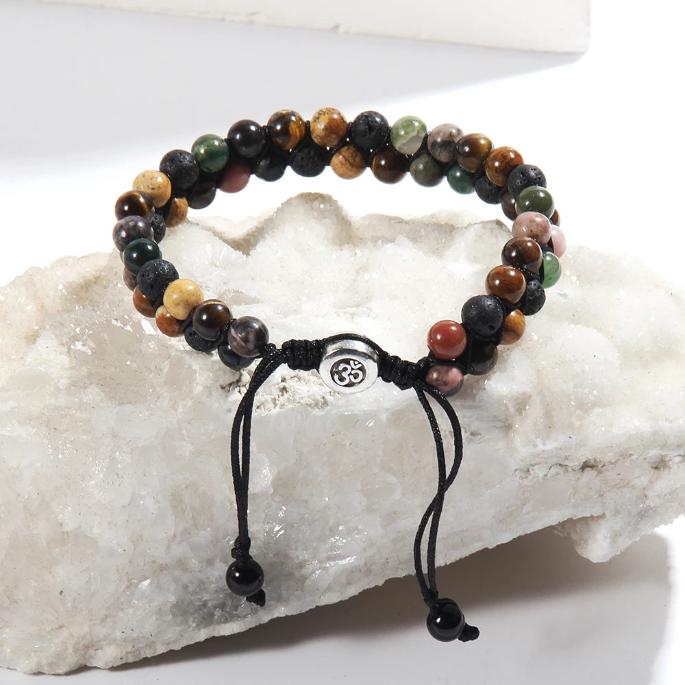 RH Dropship Vintage Men Gift Handmade Mixed 2 Row Black Stones Tiger Eye Agate Health Magnetic Therapy OM Button Wrap Bracelets
