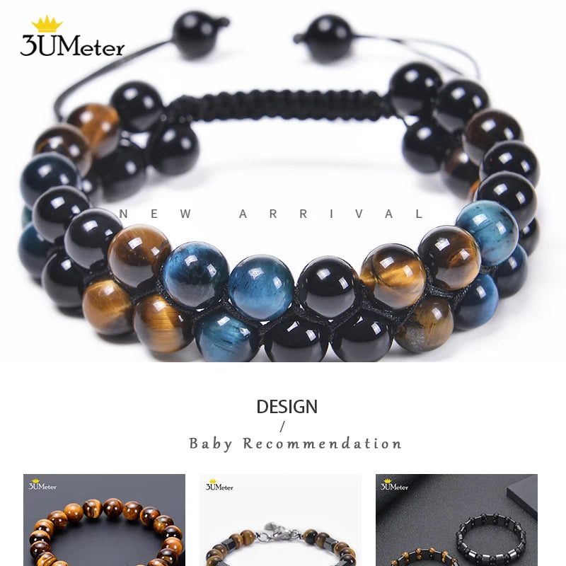 Trendy Braided Natural Stone Beads Bracelet Handmade Black Agate Tiger Eyes Bracelets Double Row Charm Yoga Jewelry Men Bangle