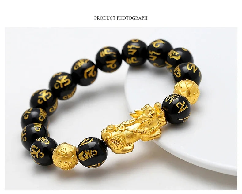 Feng Shui Obsidian Stone Beads Bracelet Men Women Wristband Gold Color Black Pixiu Wealth Lucky Changing Health Wrist Bangles