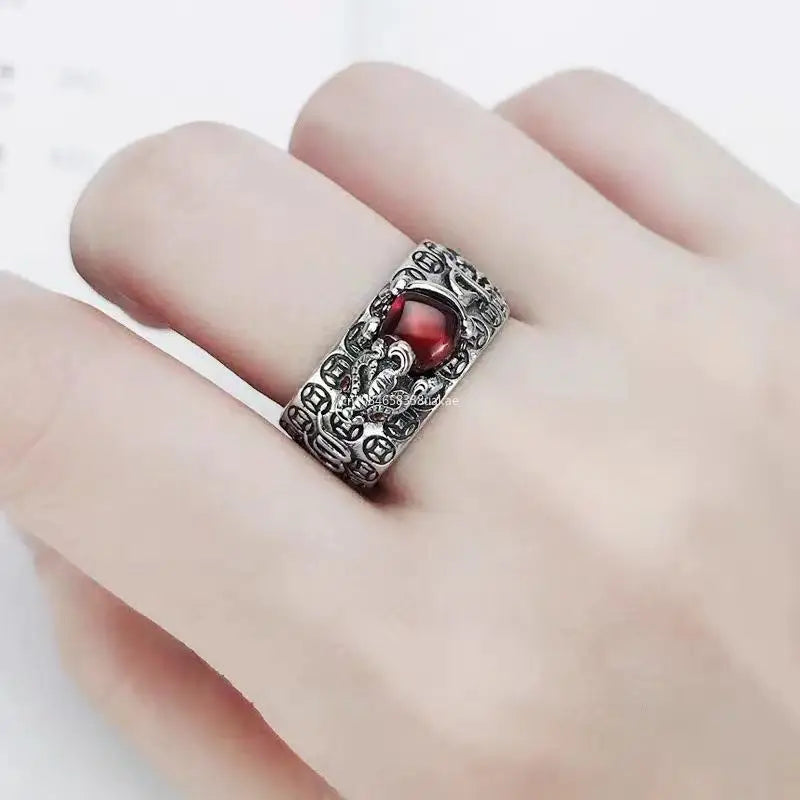 Natural Garnet Pixiu Ring - Feng Shui Wealth Ring