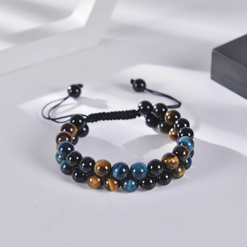 Trendy Braided Natural Stone Beads Bracelet Handmade Black Agate Tiger Eyes Bracelets Double Row Charm Yoga Jewelry Men Bangle