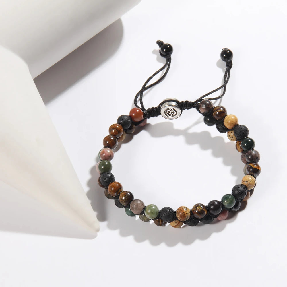 RH Dropship Vintage Men Gift Handmade Mixed 2 Row Black Stones Tiger Eye Agate Health Magnetic Therapy OM Button Wrap Bracelets