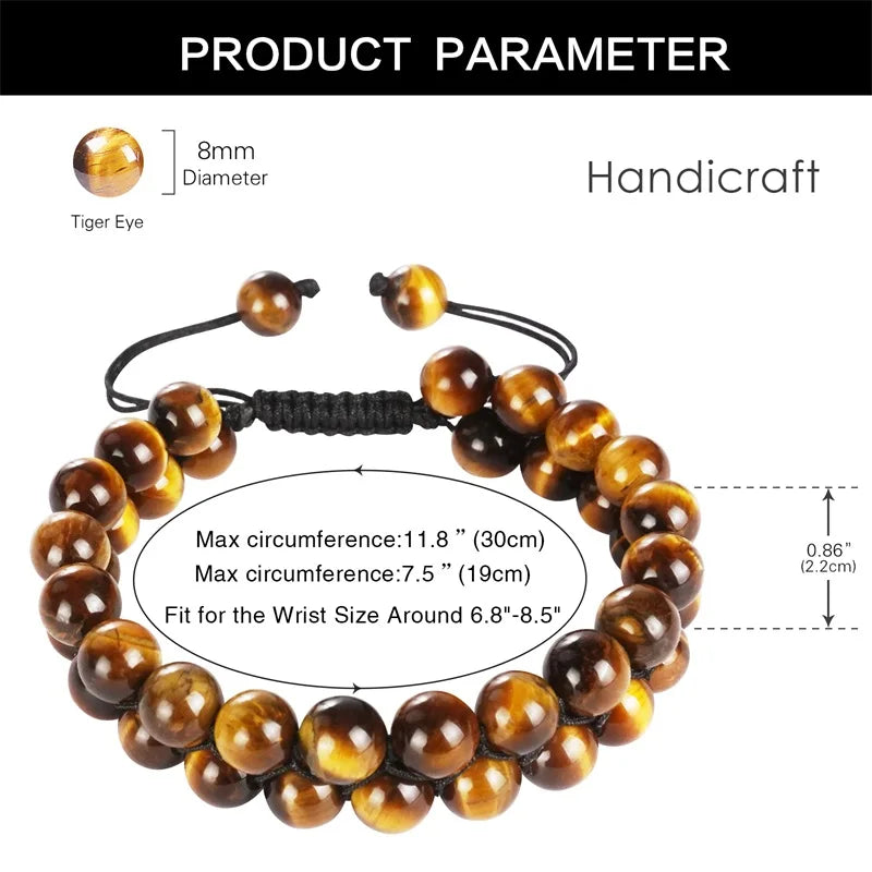 Natural Stone Beads Bracelet 8mm Tiger Eye Bracelet for Men Double Layer Braided Adjustable Healing Stone Bracelets Jewelry