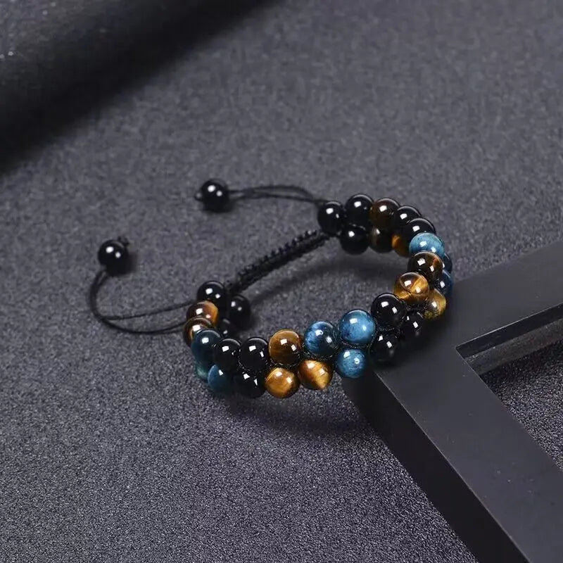 Triple Protection Bracelet 8mm Natural Stone Beads Obsidian Tiger Eye Hematite Double Layer Hand Healing Crystal Stretch Bracele