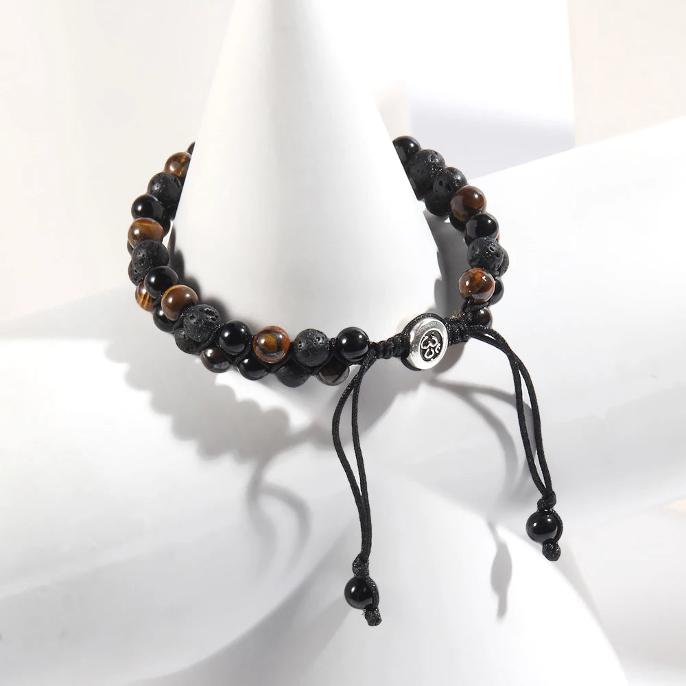 RH Dropship Vintage Men Gift Handmade Mixed 2 Row Black Stones Tiger Eye Agate Health Magnetic Therapy OM Button Wrap Bracelets