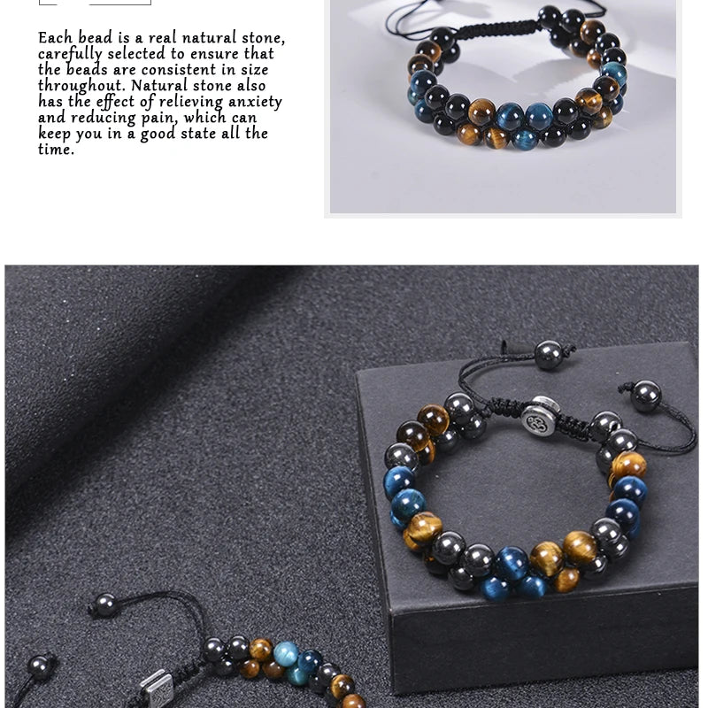 Trendy Braided Natural Stone Beads Bracelet Handmade Black Agate Tiger Eyes Bracelets Double Row Charm Yoga Jewelry Men Bangle