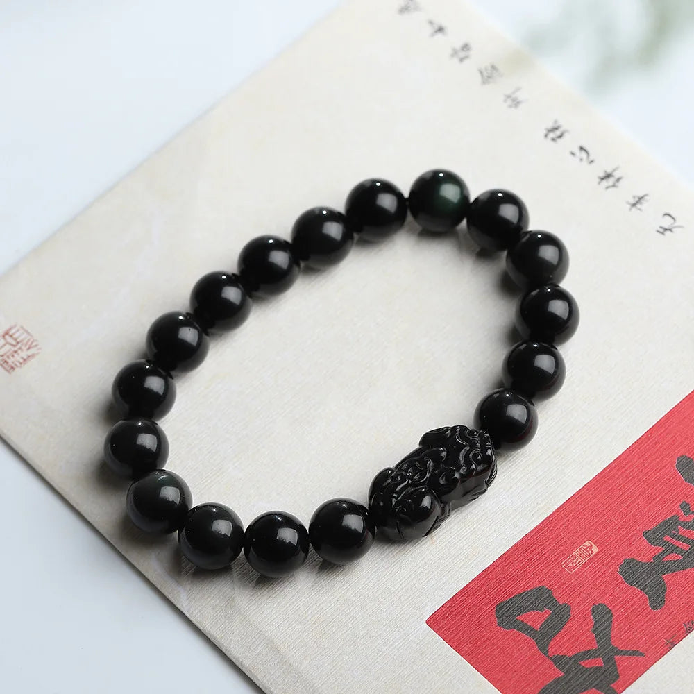 Obsidian Pixiu Bracelets Men Women Fine Jewelry Genuine Black Obsidian Crystal Fengshui Pi Xiu Money Wealth Protection Bracelets