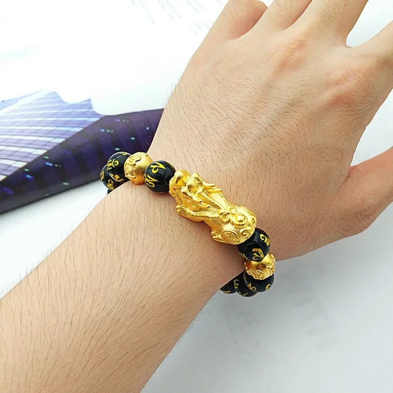 Feng Shui Obsidian Stone Beads Bracelet Men Women Wristband Gold Color Black Pixiu Wealth Lucky Changing Health Wrist Bangles