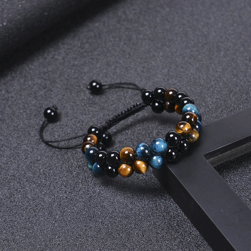 Trendy Braided Natural Stone Beads Bracelet Handmade Black Agate Tiger Eyes Bracelets Double Row Charm Yoga Jewelry Men Bangle