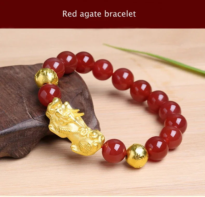 Feng Shui Obsidian Stone Beads Bracelet Men Women Wristband Gold Color Black Pixiu Wealth Lucky Changing Health Wrist Bangles