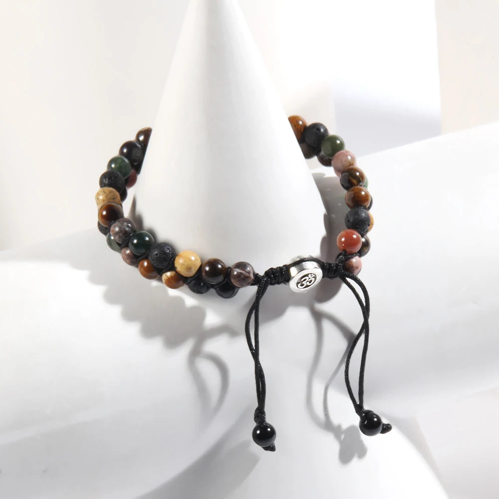 RH Dropship Vintage Men Gift Handmade Mixed 2 Row Black Stones Tiger Eye Agate Health Magnetic Therapy OM Button Wrap Bracelets