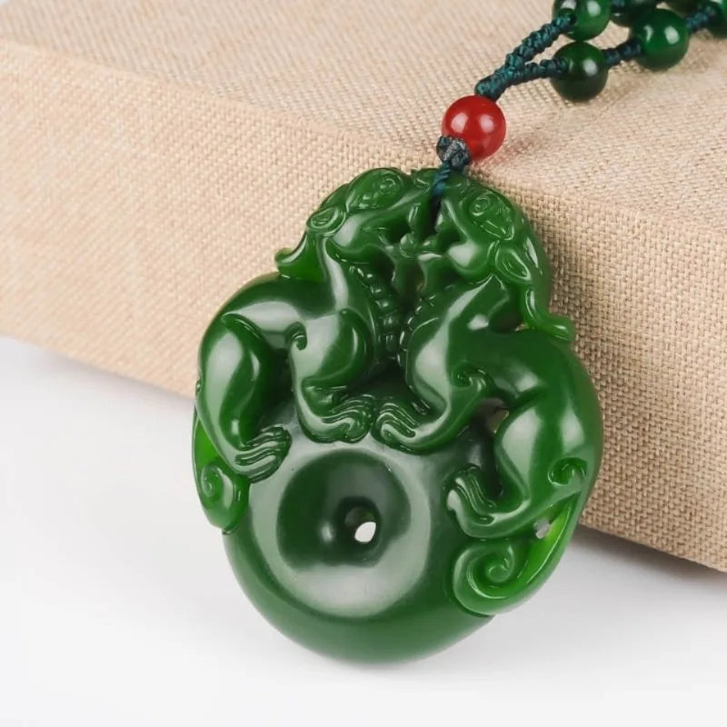 Lucky Double Pixiu Hetian Jade Necklace - Fulfill Dreams & Money Luck