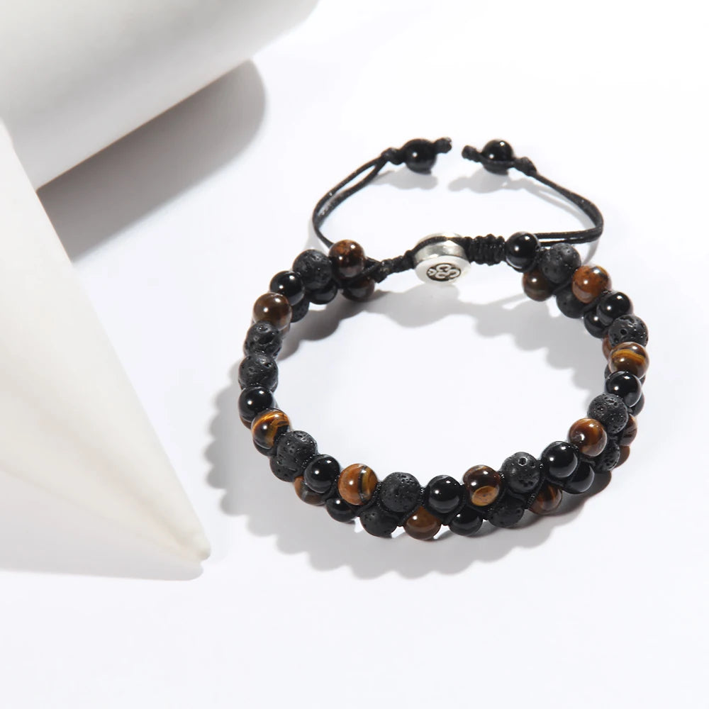 RH Dropship Vintage Men Gift Handmade Mixed 2 Row Black Stones Tiger Eye Agate Health Magnetic Therapy OM Button Wrap Bracelets