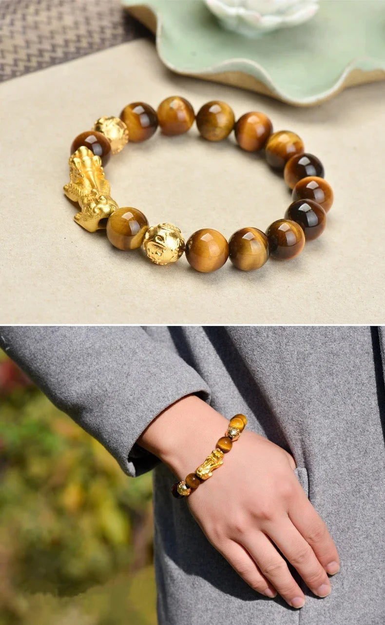 Feng Shui Obsidian Stone Beads Bracelet Men Women Wristband Gold Color Black Pixiu Wealth Lucky Changing Health Wrist Bangles