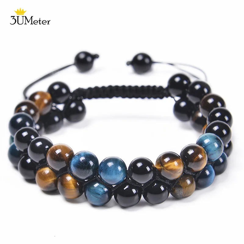 Trendy Braided Natural Stone Beads Bracelet Handmade Black Agate Tiger Eyes Bracelets Double Row Charm Yoga Jewelry Men Bangle