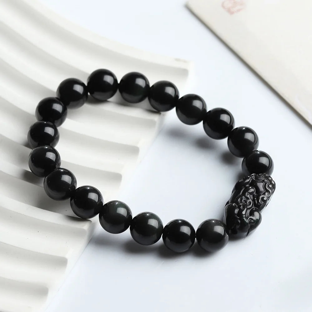 Obsidian Pixiu Bracelets Men Women Fine Jewelry Genuine Black Obsidian Crystal Fengshui Pi Xiu Money Wealth Protection Bracelets