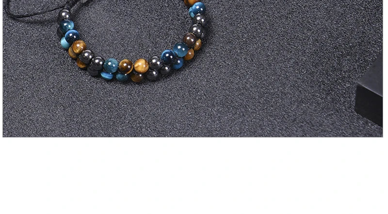 Trendy Braided Natural Stone Beads Bracelet Handmade Black Agate Tiger Eyes Bracelets Double Row Charm Yoga Jewelry Men Bangle
