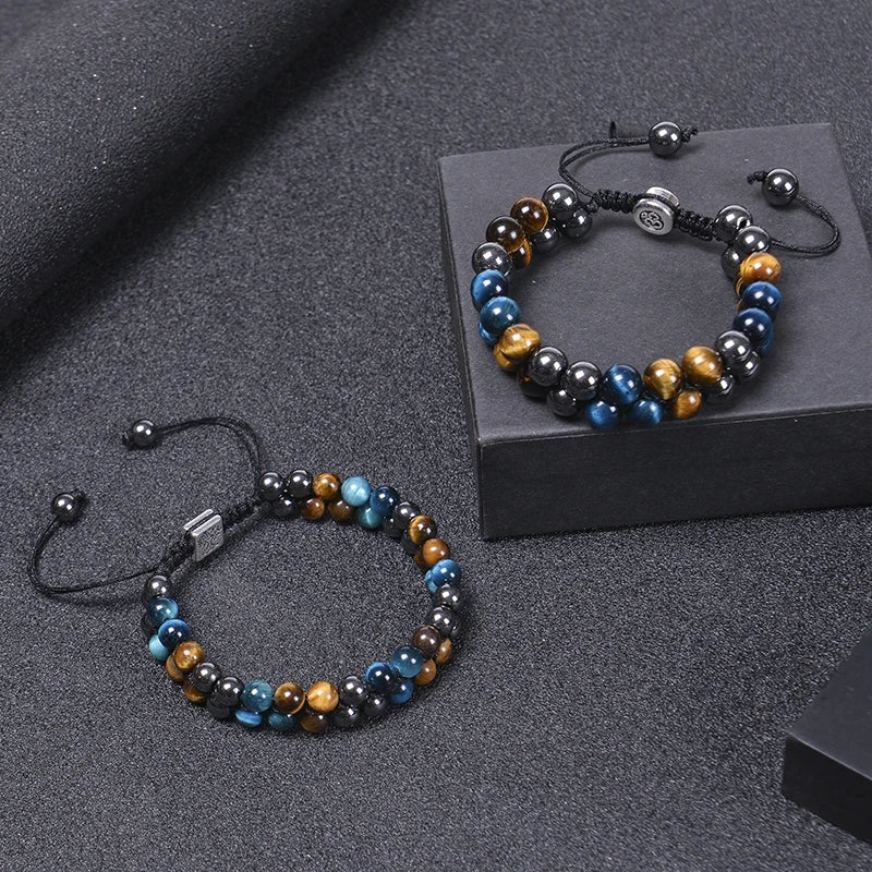 Trendy Braided Natural Stone Beads Bracelet Handmade Black Agate Tiger Eyes Bracelets Double Row Charm Yoga Jewelry Men Bangle