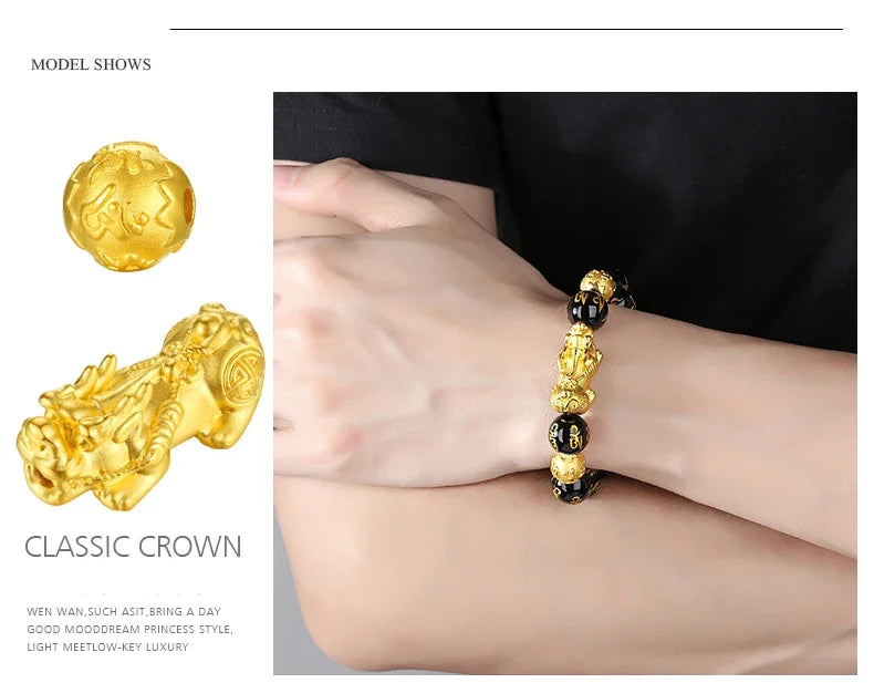 Feng Shui Obsidian Stone Beads Bracelet Men Women Wristband Gold Color Black Pixiu Wealth Lucky Changing Health Wrist Bangles