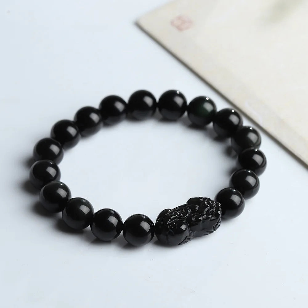 Obsidian Pixiu Bracelets Men Women Fine Jewelry Genuine Black Obsidian Crystal Fengshui Pi Xiu Money Wealth Protection Bracelets
