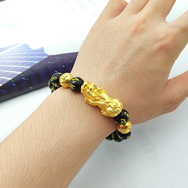 Feng Shui Obsidian Stone Beads Bracelet Men Women Wristband Gold Color Black Pixiu Wealth Lucky Changing Health Wrist Bangles