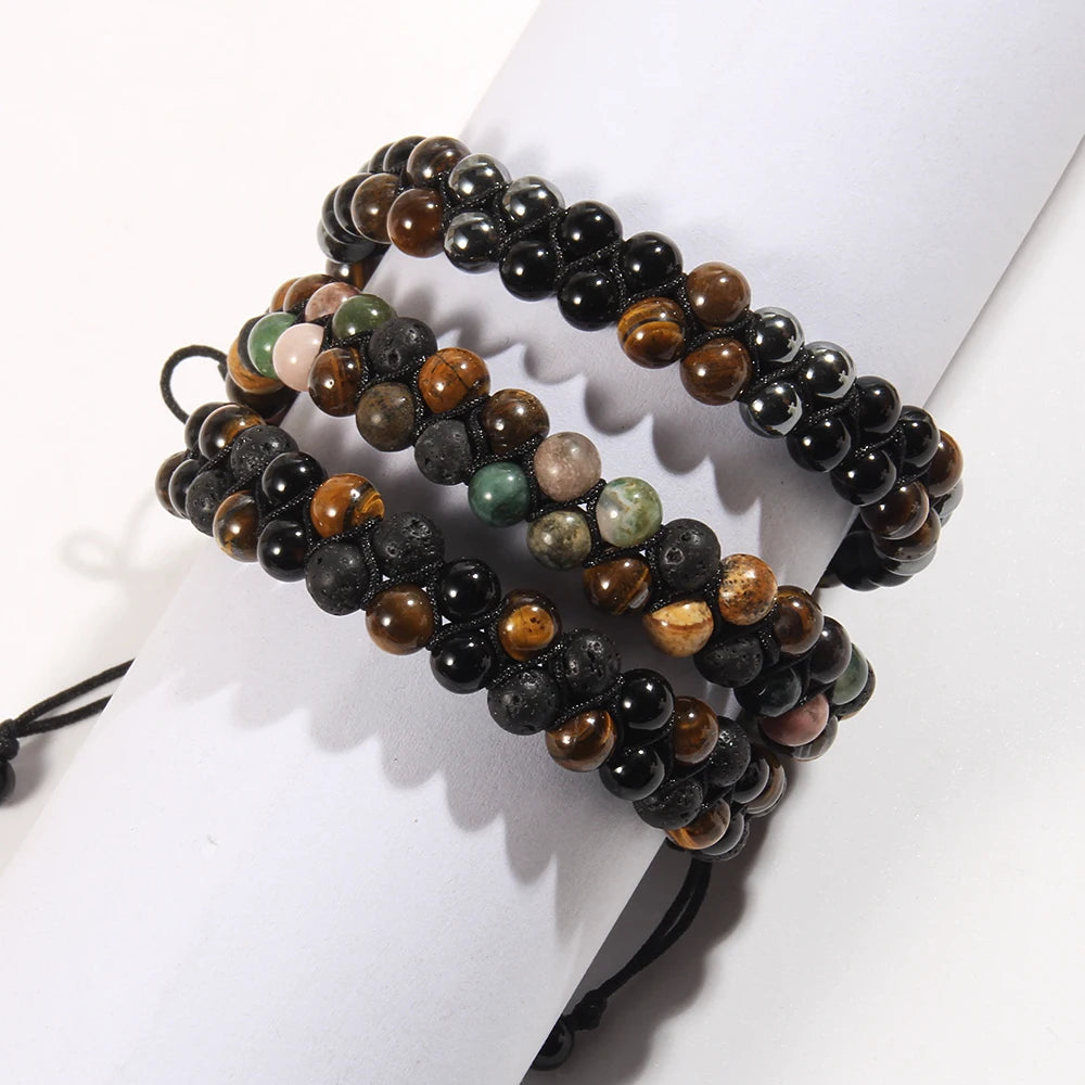 RH Dropship Vintage Men Gift Handmade Mixed 2 Row Black Stones Tiger Eye Agate Health Magnetic Therapy OM Button Wrap Bracelets