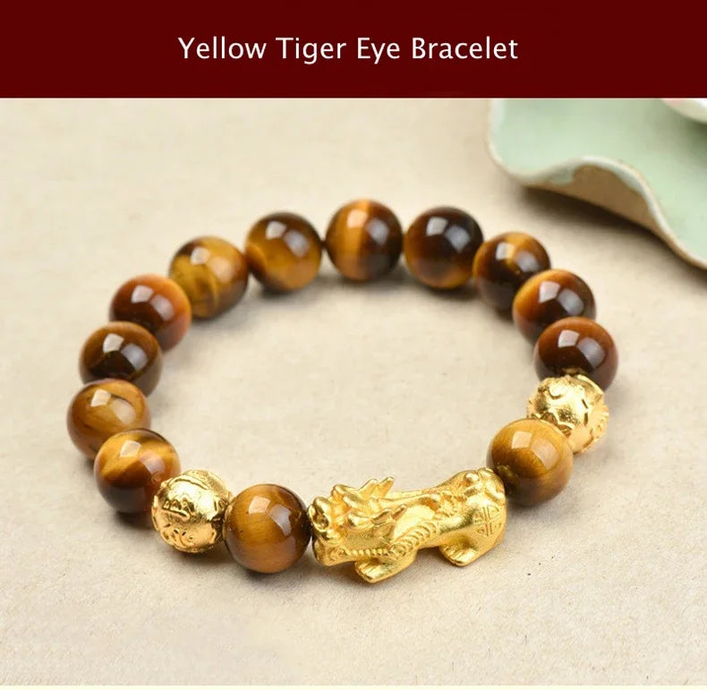 Feng Shui Obsidian Stone Beads Bracelet Men Women Wristband Gold Color Black Pixiu Wealth Lucky Changing Health Wrist Bangles