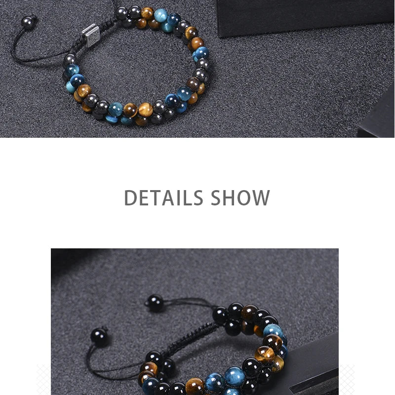 Trendy Braided Natural Stone Beads Bracelet Handmade Black Agate Tiger Eyes Bracelets Double Row Charm Yoga Jewelry Men Bangle
