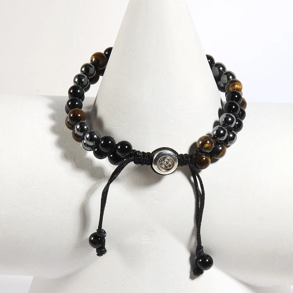 RH Dropship Vintage Men Gift Handmade Mixed 2 Row Black Stones Tiger Eye Agate Health Magnetic Therapy OM Button Wrap Bracelets