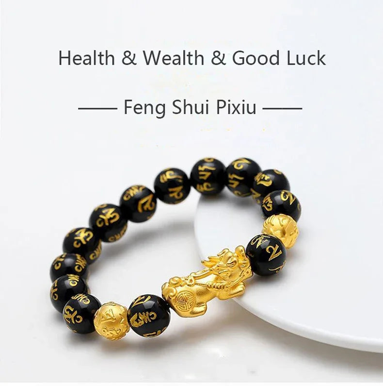 Feng Shui Obsidian Stone Beads Bracelet Men Women Wristband Gold Color Black Pixiu Wealth Lucky Changing Health Wrist Bangles
