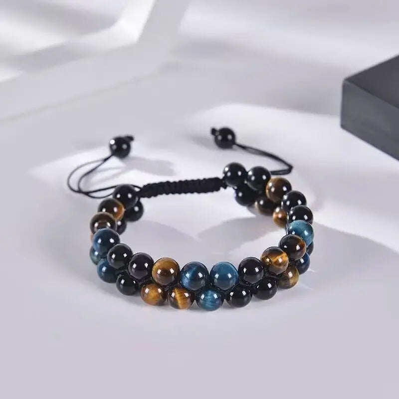 Triple Protection Bracelet 8mm Natural Stone Beads Obsidian Tiger Eye Hematite Double Layer Hand Healing Crystal Stretch Bracele
