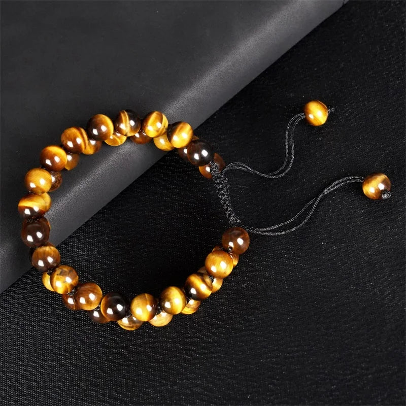 Natural Stone Beads Bracelet 8mm Tiger Eye Bracelet for Men Double Layer Braided Adjustable Healing Stone Bracelets Jewelry