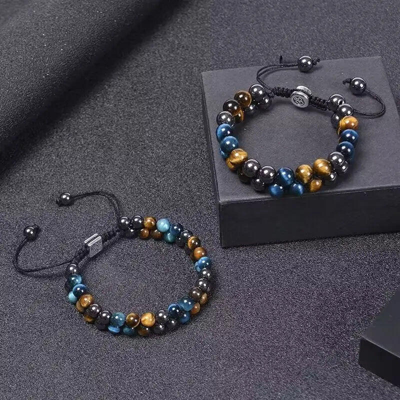 Triple Protection Bracelet 8mm Natural Stone Beads Obsidian Tiger Eye Hematite Double Layer Hand Healing Crystal Stretch Bracele