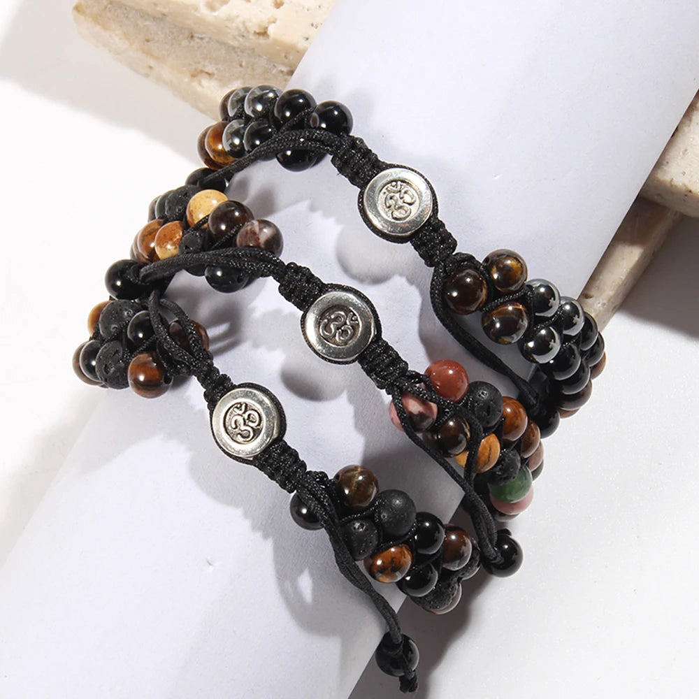 RH Dropship Vintage Men Gift Handmade Mixed 2 Row Black Stones Tiger Eye Agate Health Magnetic Therapy OM Button Wrap Bracelets