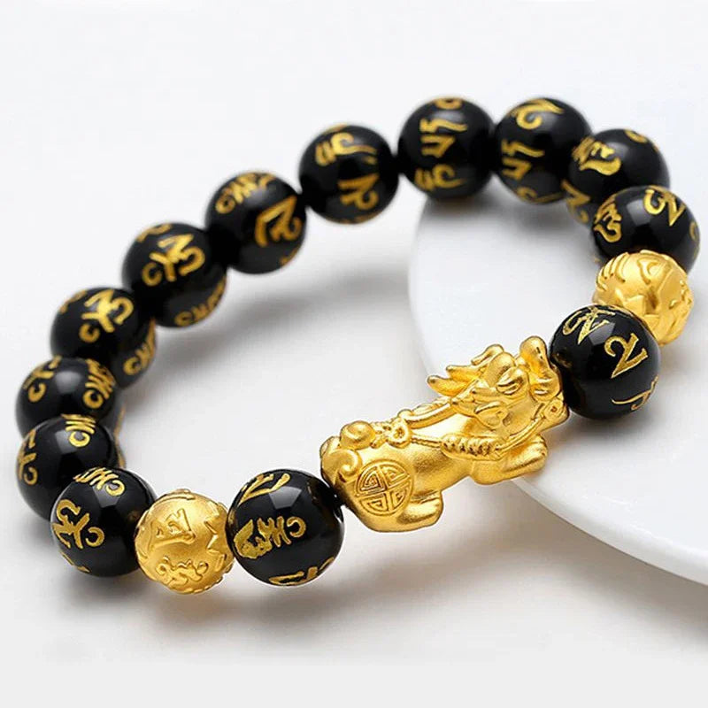 Feng Shui Obsidian Stone Beads Bracelet Men Women Wristband Gold Color Black Pixiu Wealth Lucky Changing Health Wrist Bangles