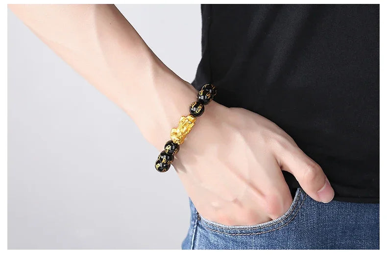 Feng Shui Obsidian Stone Beads Bracelet Men Women Wristband Gold Color Black Pixiu Wealth Lucky Changing Health Wrist Bangles