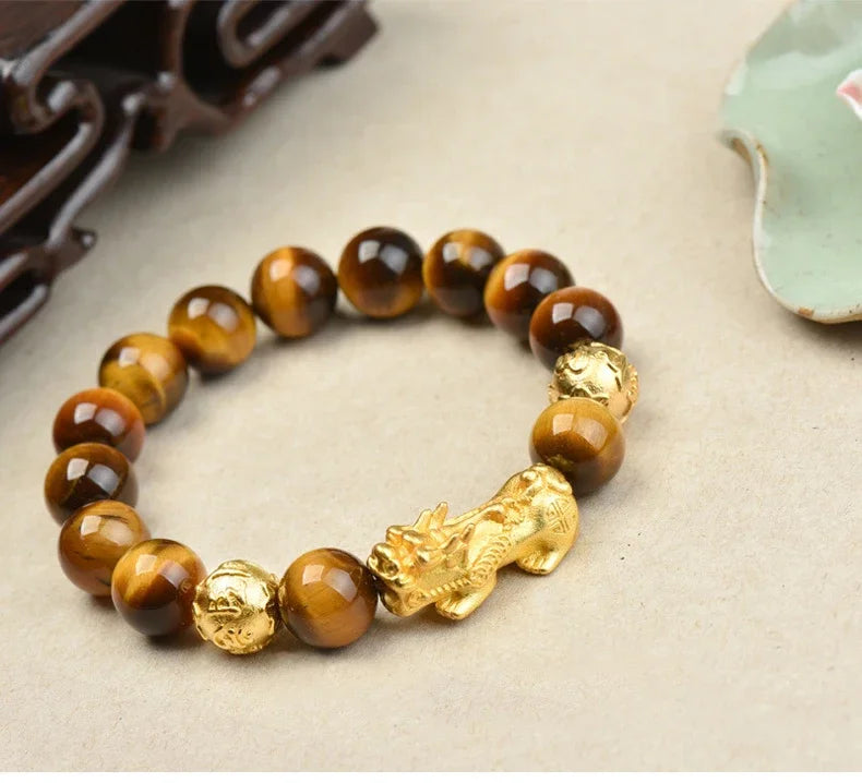 Feng Shui Obsidian Stone Beads Bracelet Men Women Wristband Gold Color Black Pixiu Wealth Lucky Changing Health Wrist Bangles