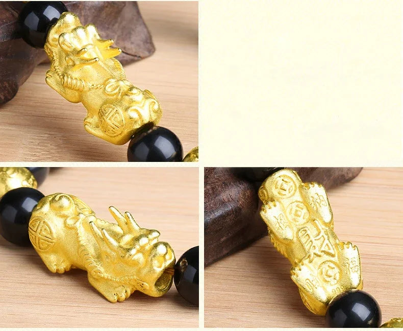 Feng Shui Obsidian Stone Beads Bracelet Men Women Wristband Gold Color Black Pixiu Wealth Lucky Changing Health Wrist Bangles